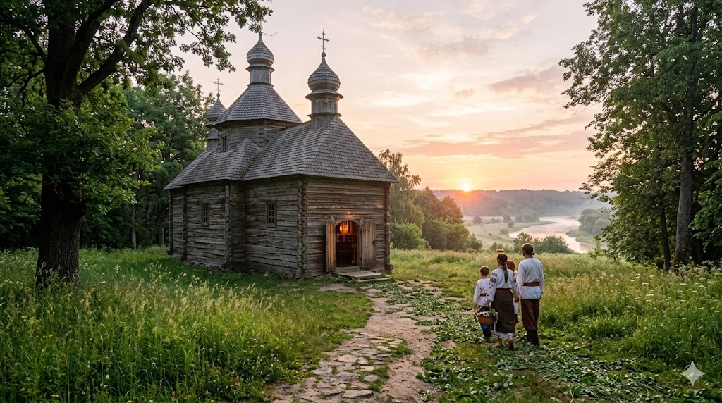 Семья у деревянной церкви