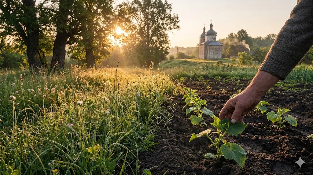 Утро, роса, огурцы, церковь