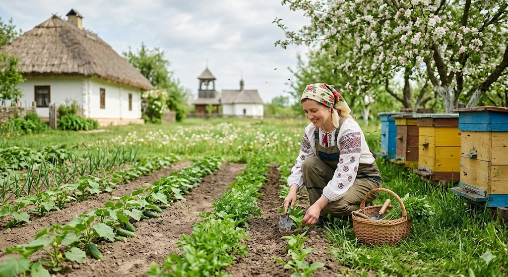 Женщина в саду с ульями