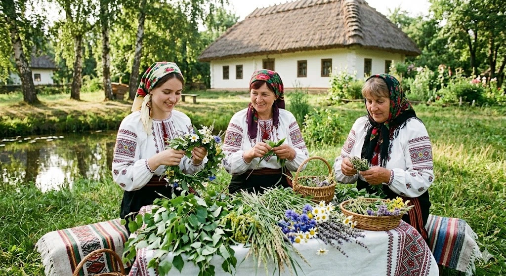 Плетение венков у хаты