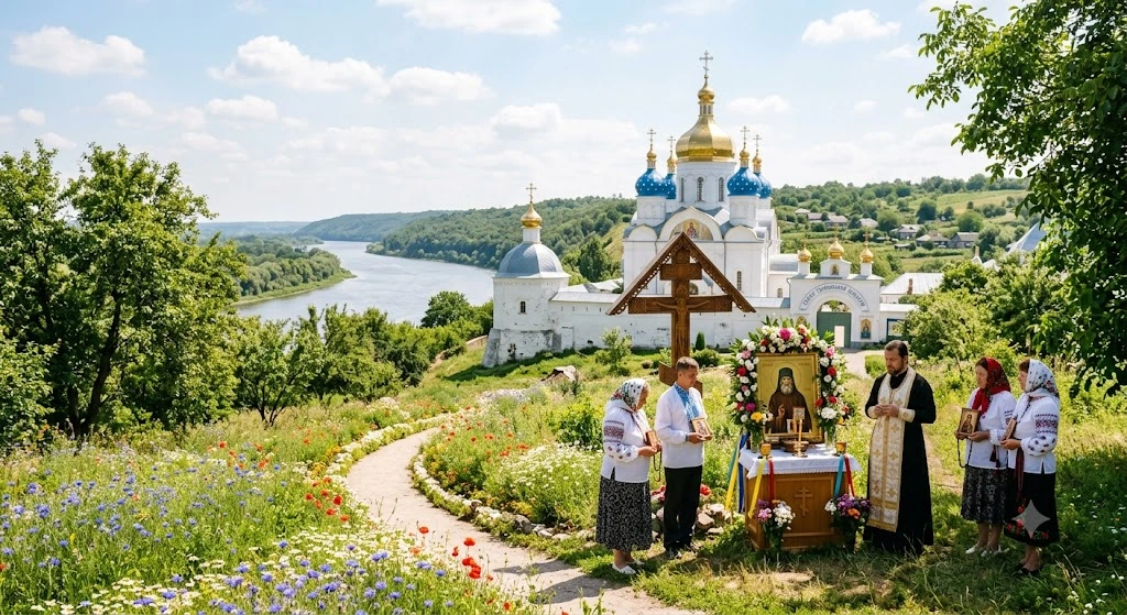 Церковь, река, люди, икона