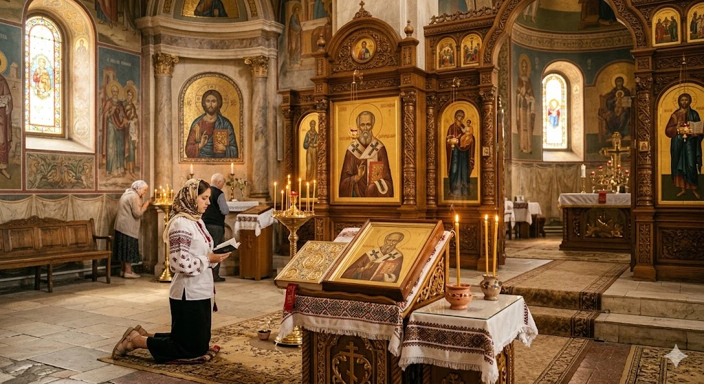 Верующая молится у икон