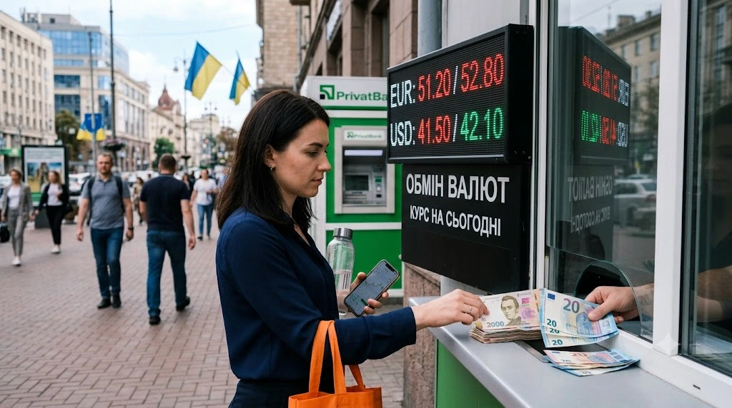 Женщина обменивает гривны на евро