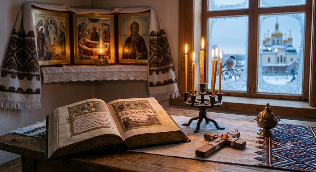 Канделябр, Евангеліє, ікони, вікно