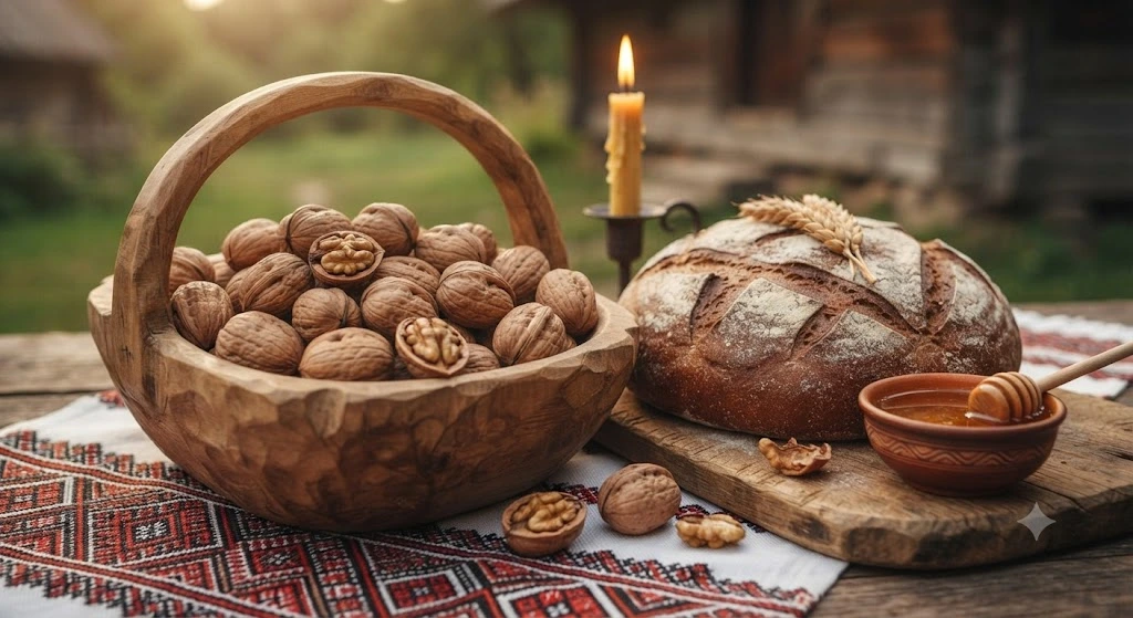 Орехи, хлеб, мед, свеча