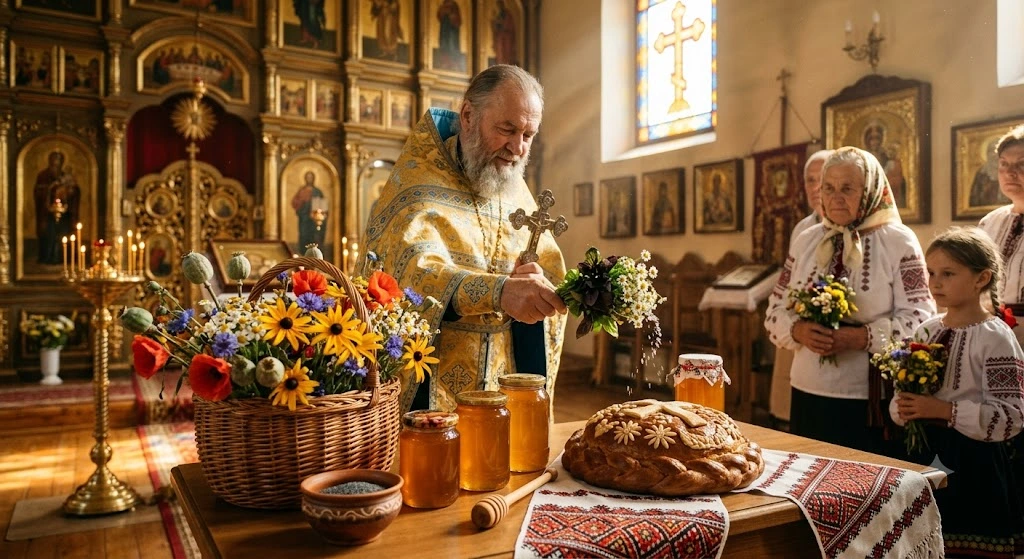 Освящение меда священником в церкви