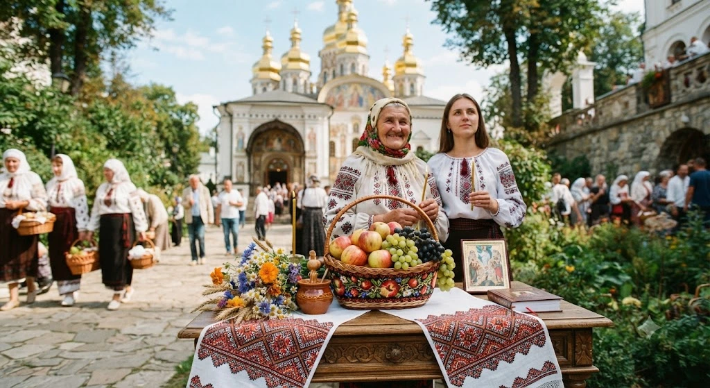 Освящение яблок у церкви