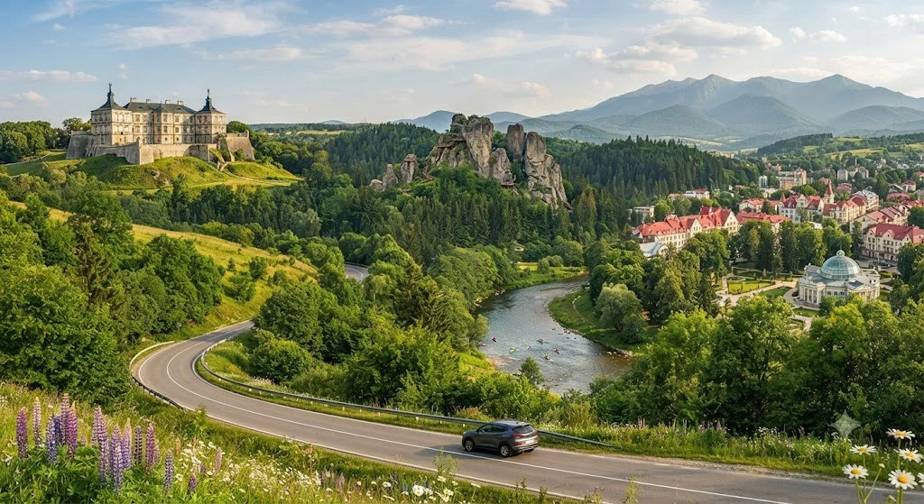 Панорама замка, гор и реки