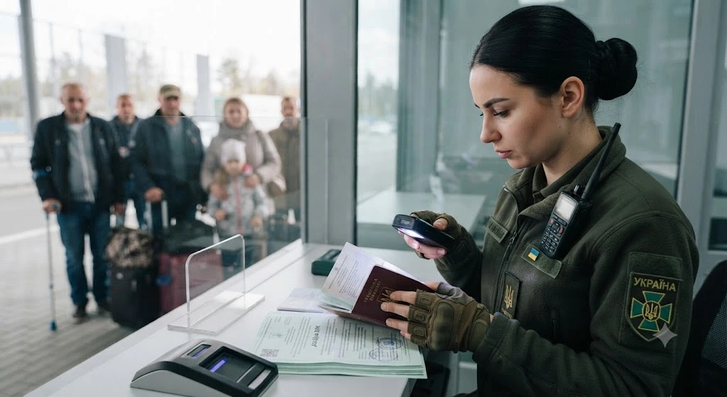 Пограничница сканирует паспорт гражданина