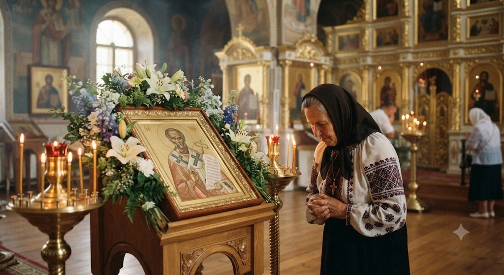 Пожилая женщина молится у иконы