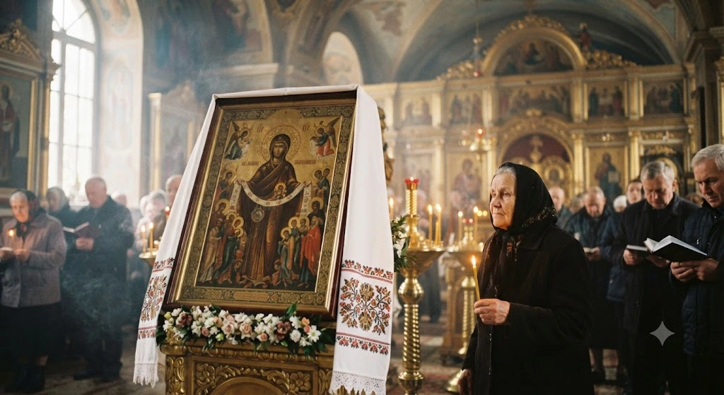 Пожилая женщина со свечой у иконы Покрова в церкви