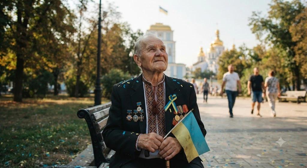 Пожилой ветеран с украинским флагом