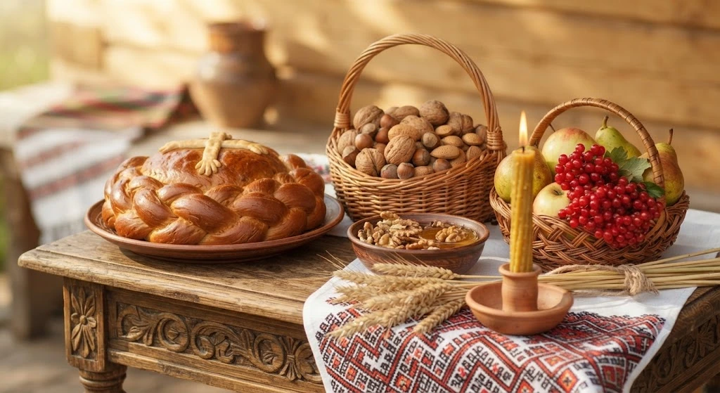 Праздничный стол с орехами и хлебом