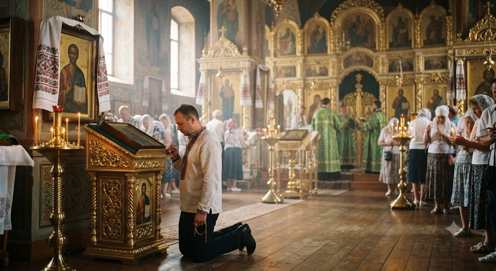 Прихожанин в вышиванке молится