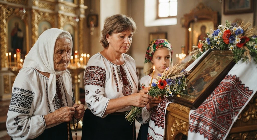 Семья молится у иконы
