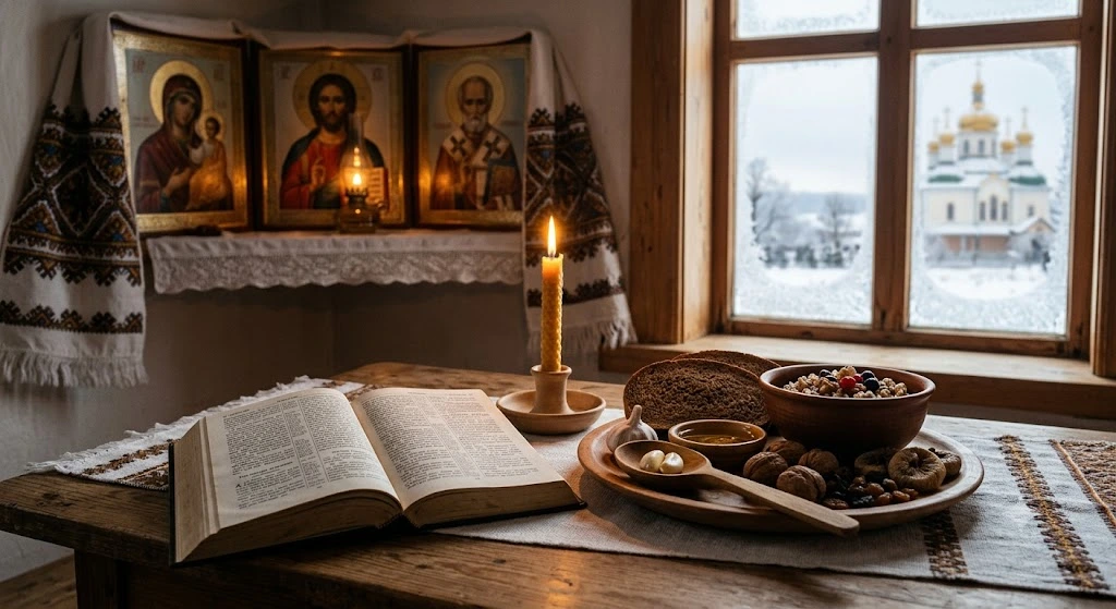 Стіл, Евангеліє, свічка, їжа