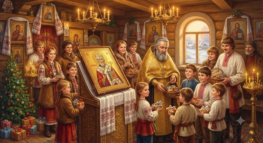 Священник дарит детям славянские пряники