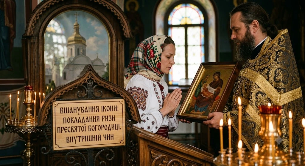 Священник передает икону женщине