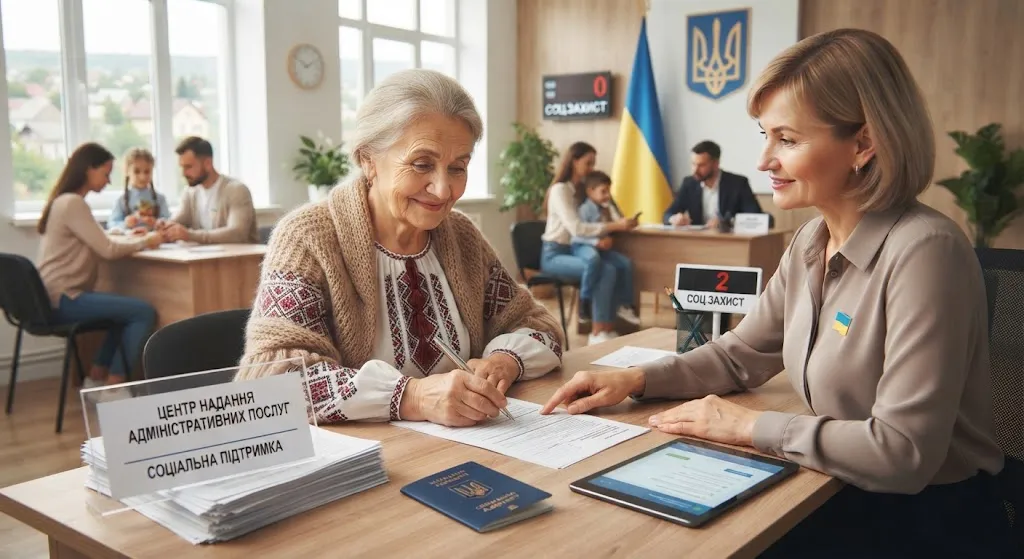 Пожилая женщина оформляет документы
