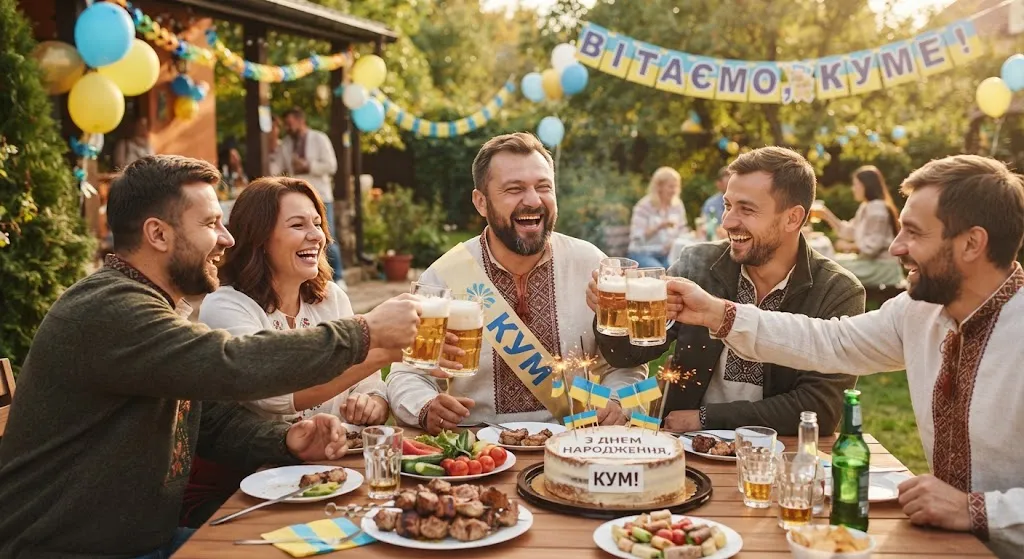 Счастливый кум в вышиванке пьет пиво