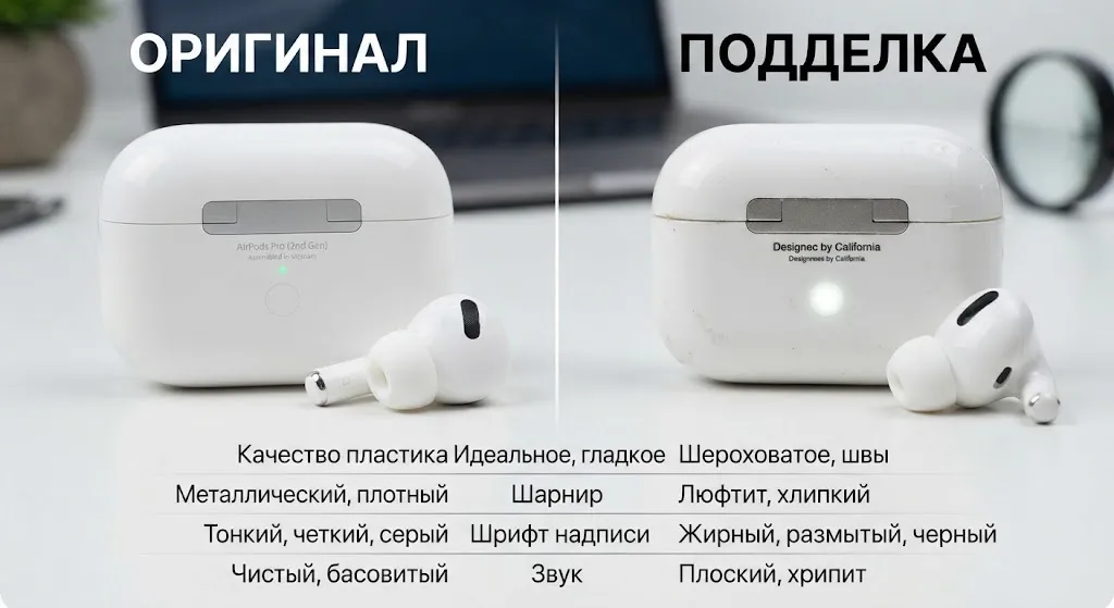 Сравнение оригинальных и поддельных AirPods