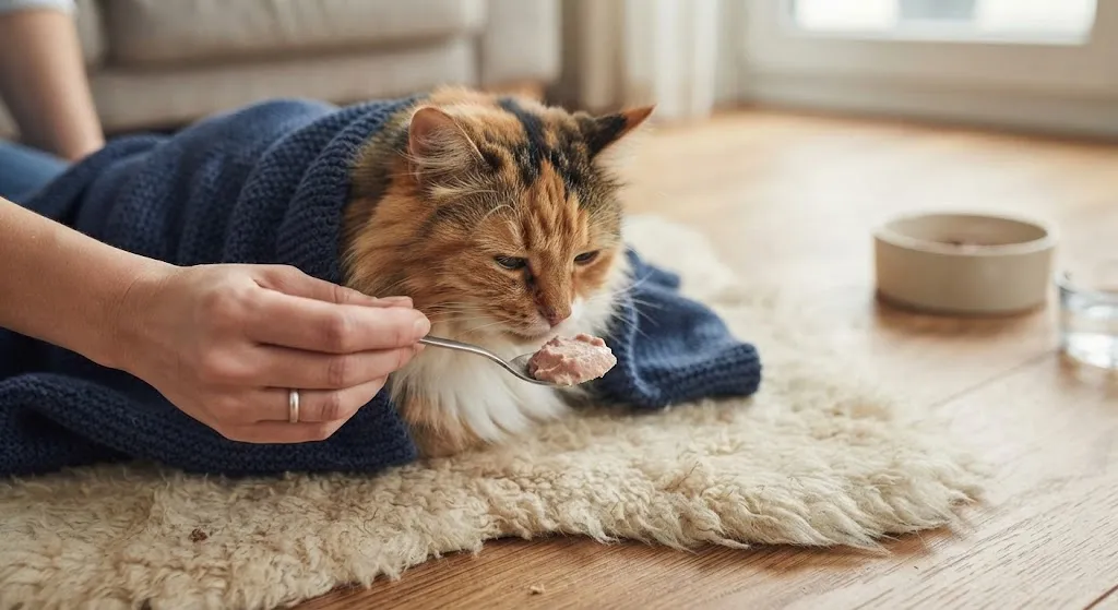 Хозяйка кормит больного кота