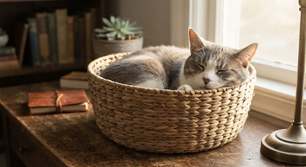 Кот спит в плетеной корзине
