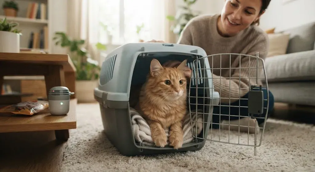 Кот в переноске дома