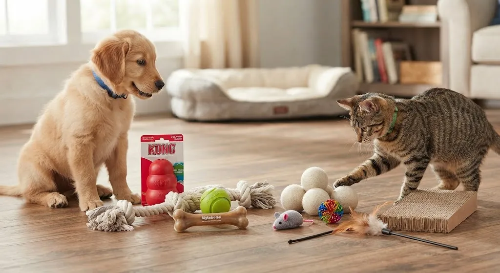 Щенок и котенок с игрушками